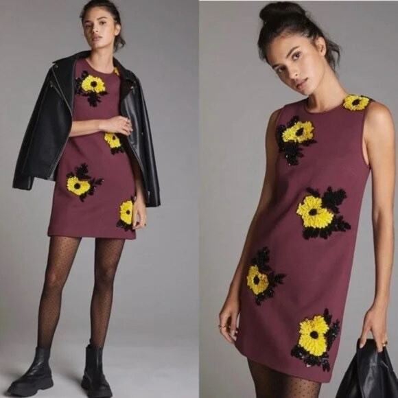 New DHRUV KAPOOR ANTHROPOLOGIE Sunflower Sequined Mini Dress Size Small - Picture 2 of 10